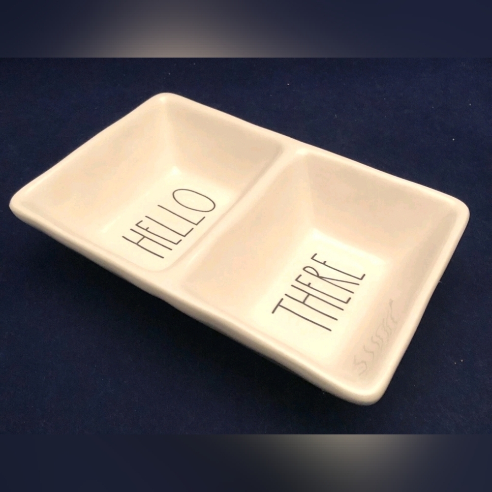 EUC Rae Dunn Hello There Divided Condiment Snack Dish White Stoneware Trinkets